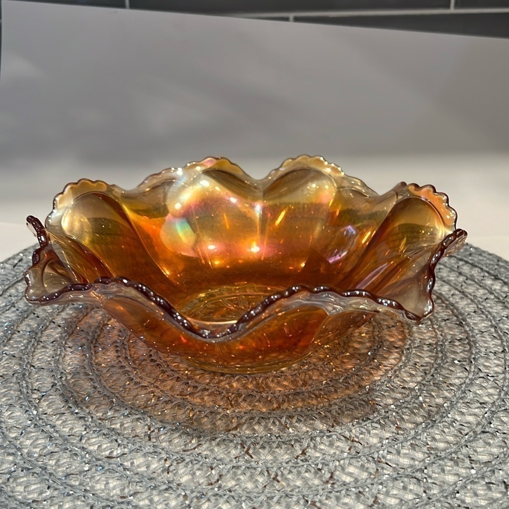 Vintage Iridescent Amber Carnival Glass ruffled bowl